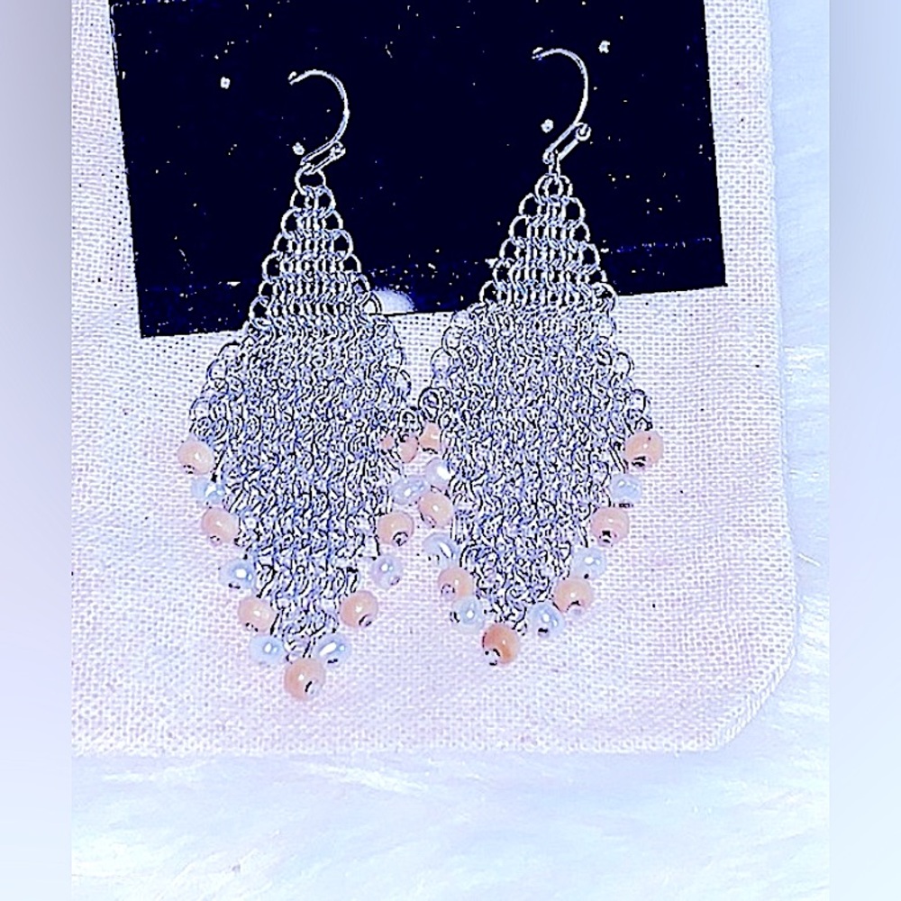 Classy» Silver Chain Linked Triangle+Beaded Classic Fish Hook Earrings Handmade